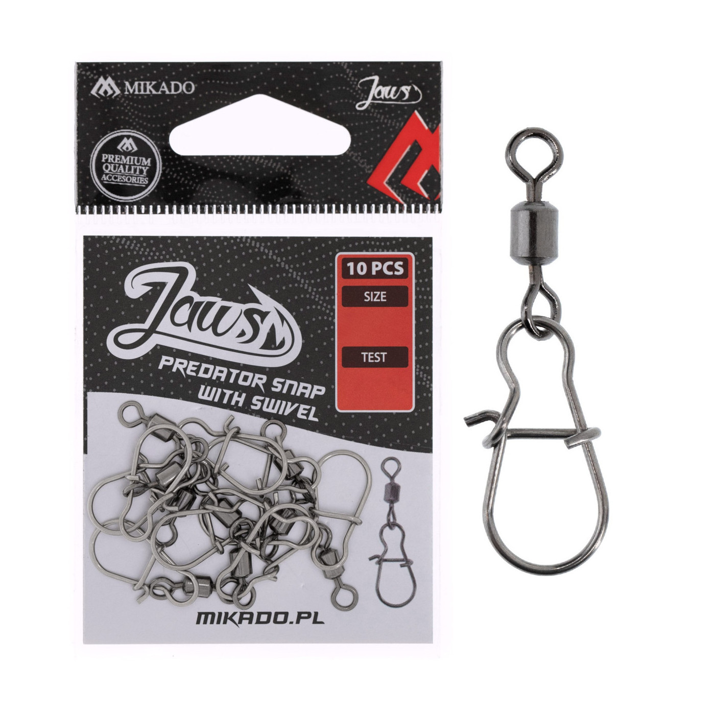 Agrafki z krętlikiem Mikado Jaws Predator Snap with Swivel - roz. M- op.10szt. - Centrum wędkarskie - Sklep wędkarski Jarofishin Agrafki z krętlikiem Mikado Jaws Predator Snap with Swivel - roz. M- op.10szt. - Centrum wędkarskie - Sklep wędkarski Jarofishin